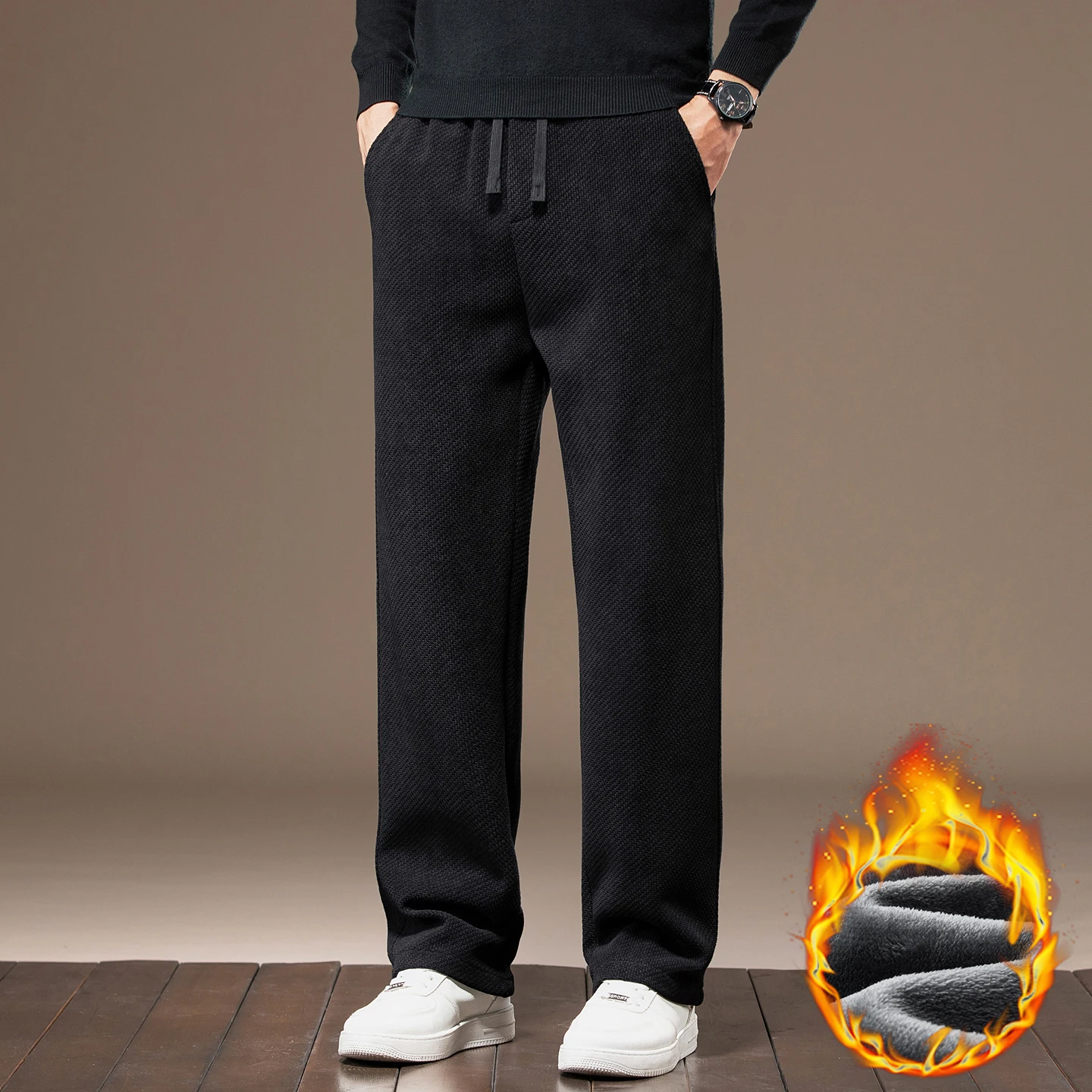 High Quality Winter Fleece Warm New Knitted Pants Men Drawstring Elastic Waist Outdoors Jogging Flocking Straight Trousers Male