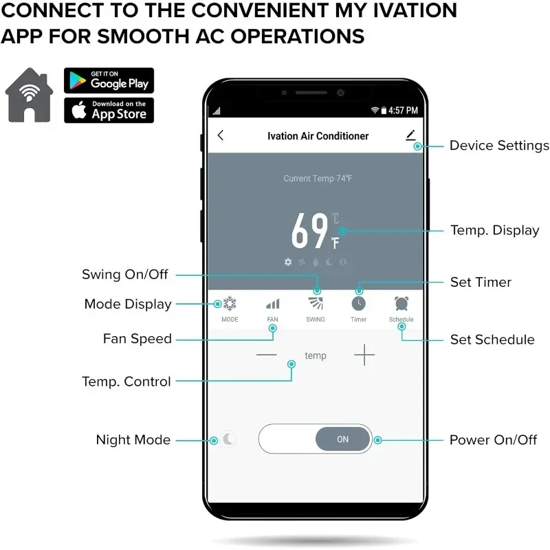 Ivation-Aire acondicionado portátil 12.000 BTU con wifi para habitaciones de hasta 450 pies cuadrados (8.000 BTU SACC), 3 en 1, Control por aplicación inteligente