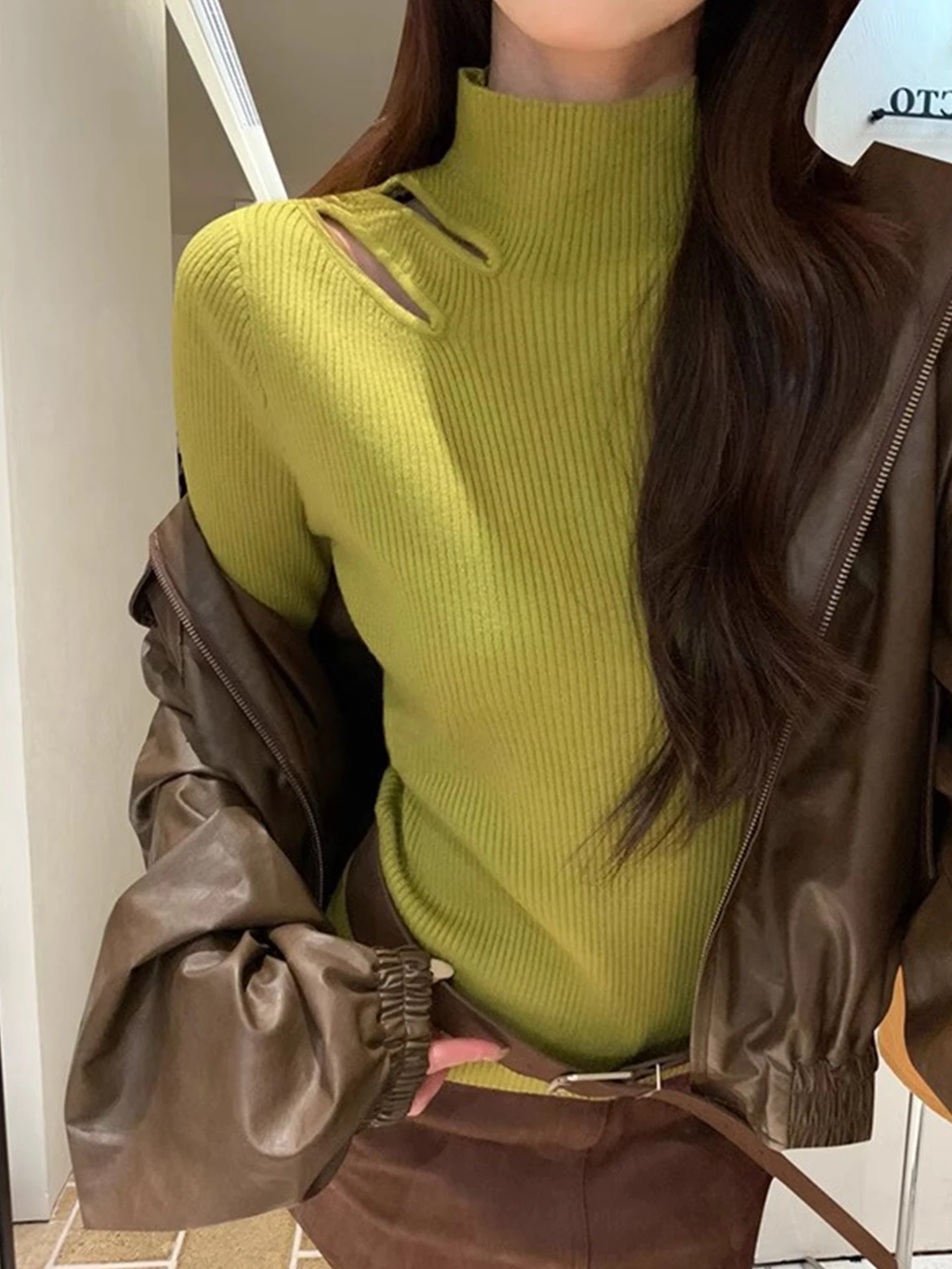 

Модный вязаный топ с длинным рукавом, облегающий, однотонный, базовый слой, трендовая осенняя новинка, корейский стиль, для повседневной носки