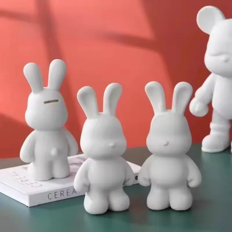 New DIY Paint Fluid Animal Bear Rabbit Lucky Dragon White Hand Painted Home Decoration Doll Toy Statue Deposit Can Handmade Gift