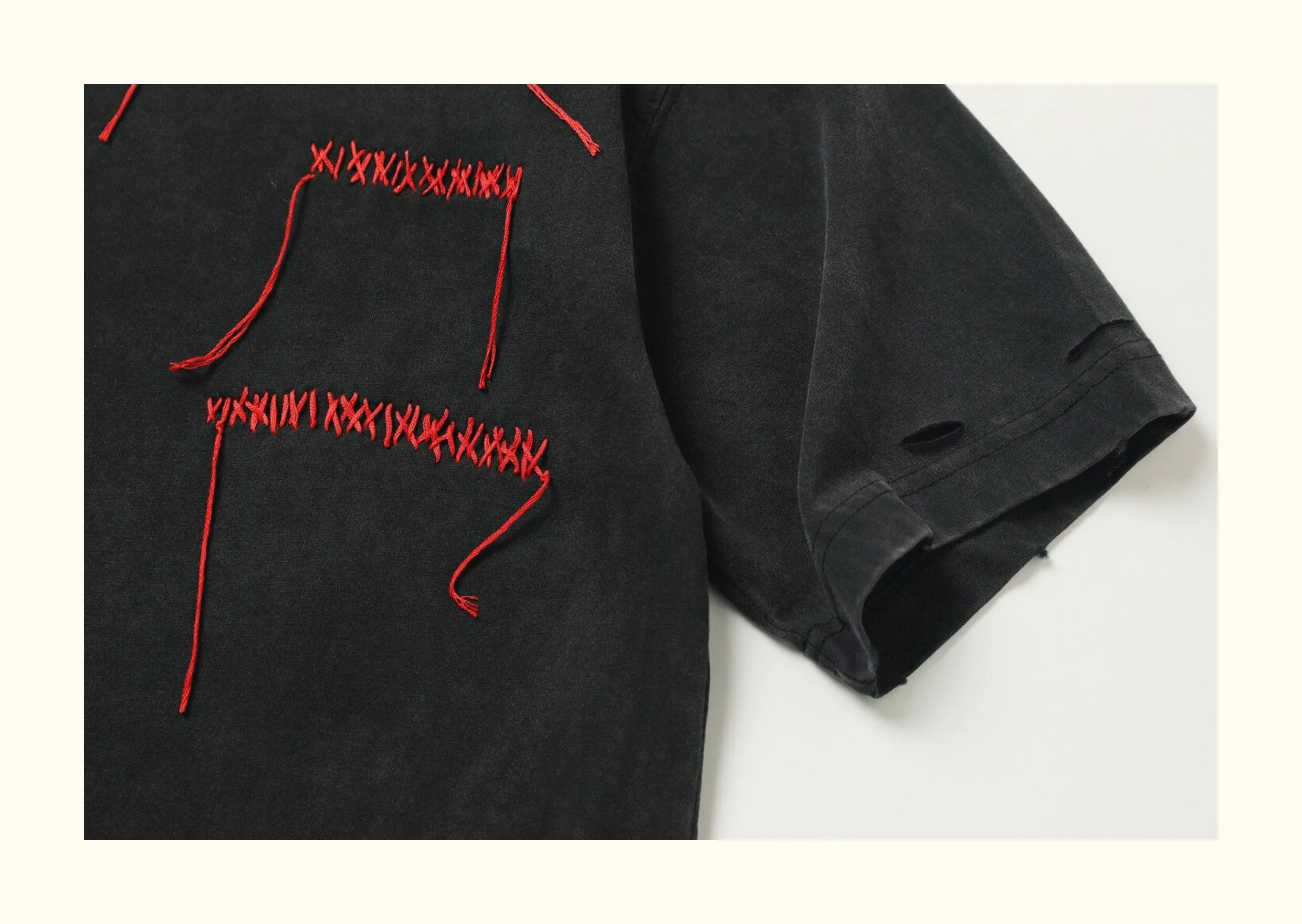 Japanese Retro Handmade Stitching Used Casual Short Sleeved Tees Summer New Hole Repair T-shirt