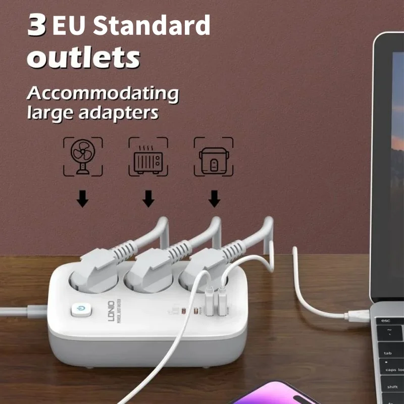 LDNIO Power Strip EU Kr 4.8mm Standard 3 Outlets with PD 65W 4 USB Port USB Charging 2M Extension Cord Socket adapter