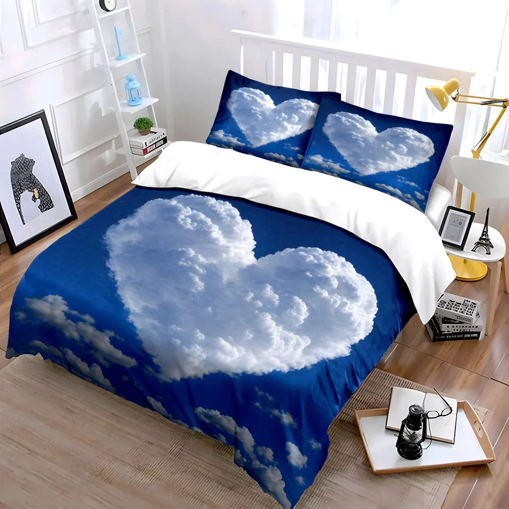 Heart-shaped cloud with blue sky Bedding Set for Kids Luxury Gift 3pcs Digital Print Comforter Set Soft Comfortable Breathable