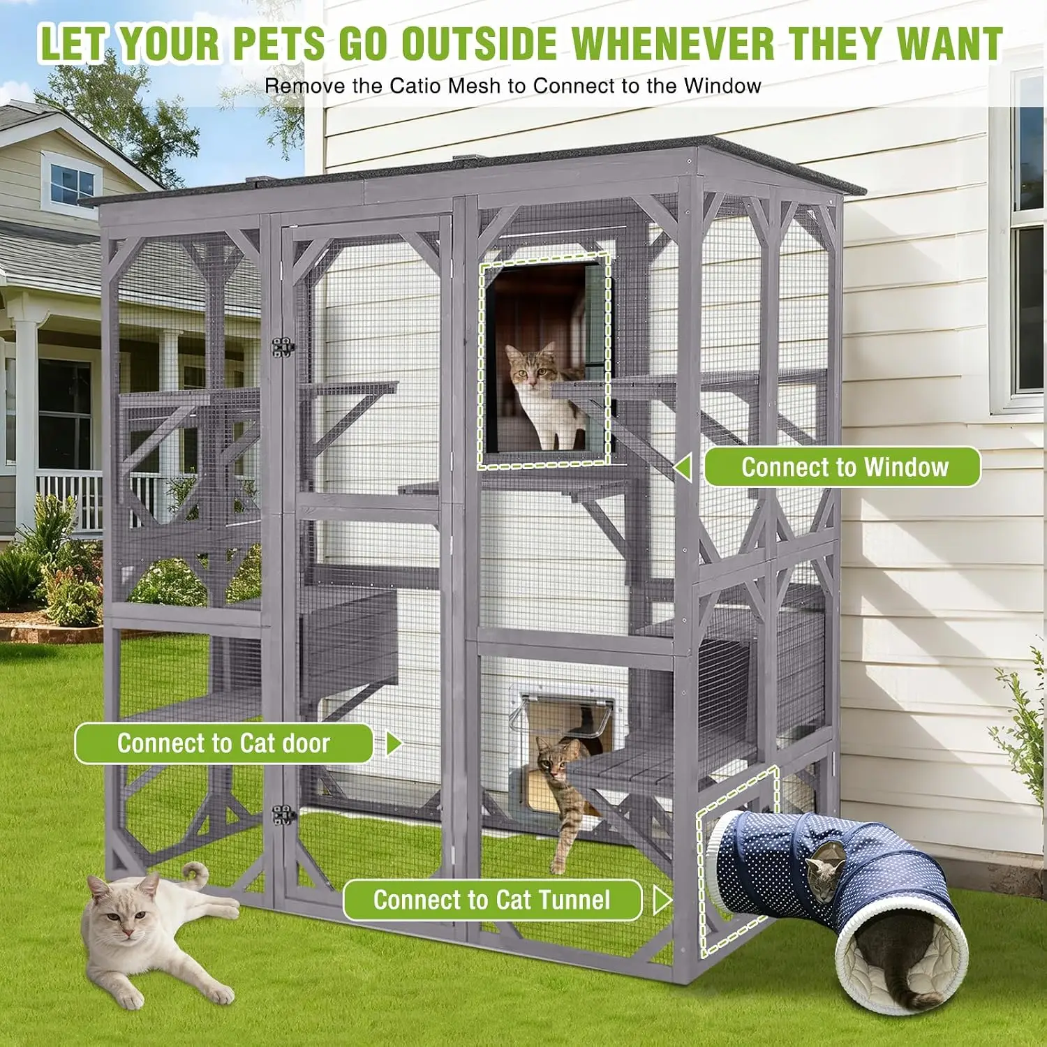 Large Outdoor Wooden Cat Enclosure House Walk-in Cage with 7 Platforms 2 Boxes Waterproof Roof for Multiple Cats, Customized