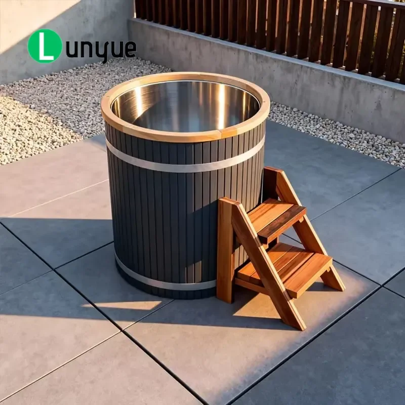 Black Decorative Wooden Ice Bucket with Cedar Steps Western Redwood Cold Tub for Ice Baths Home Spa Wellness Recovery