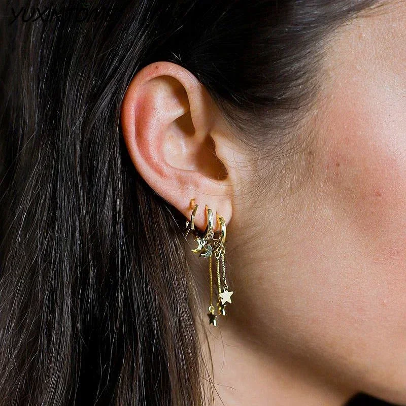 925 Sterling Silver Needle New Fashion 18K Gold Earrings Star Tassel Small Hoop Earrings for Women Wedding Jewelry Accessories