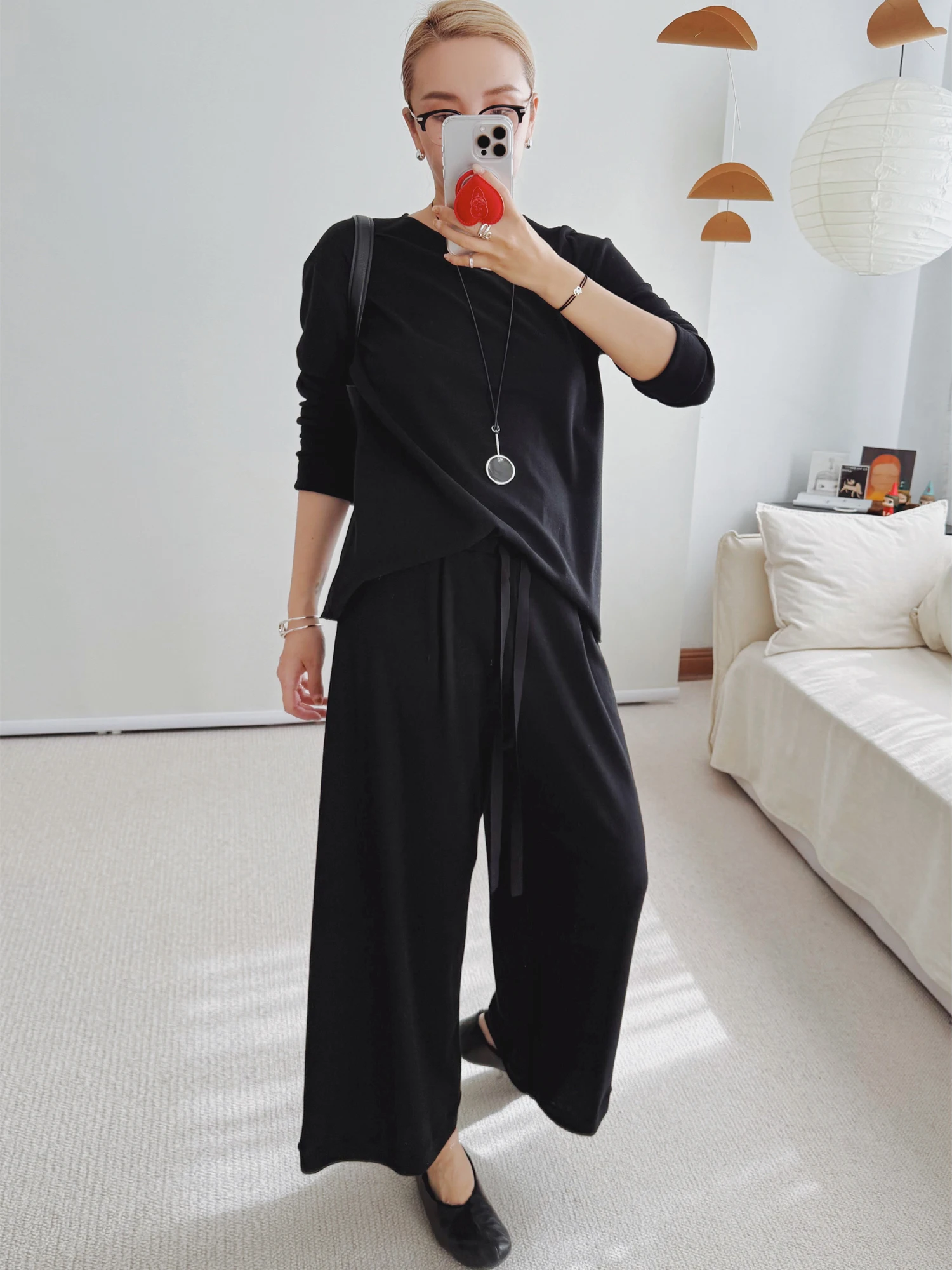 

Elegant Wool Blend Long Sleeve round Neck T-Shirt Women's Comfortable Casual Style Polyester Wool Blend Soft Spring Top