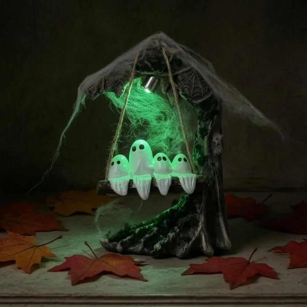 Halloween Ghost Table Decoration Fun Tree Swing Ghost Decor Halloween Ghost Swing Statue Spooky Light-up Figurine for Desktop