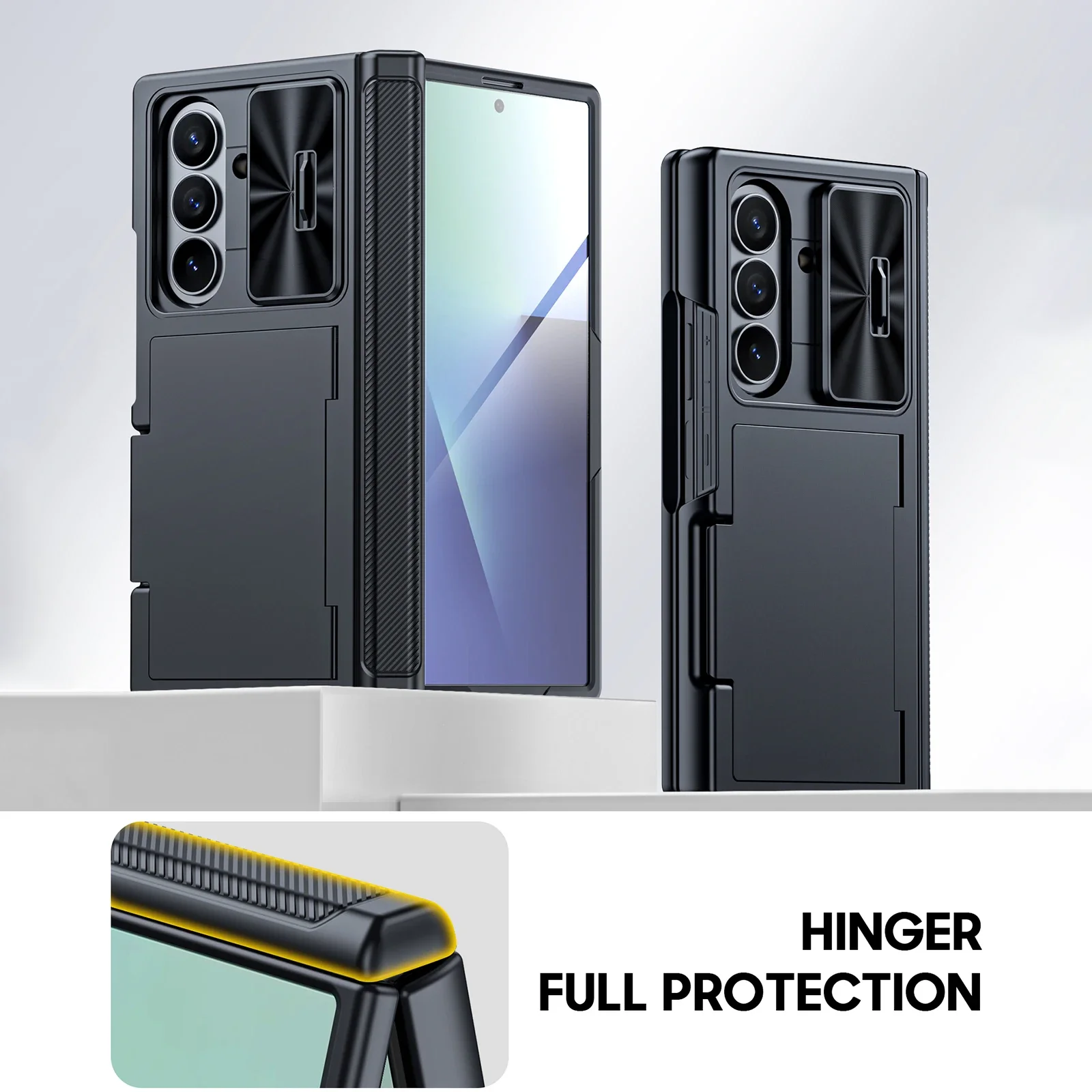 حافظة لهاتف Galaxy Z Fold 7، محفظة RFID مع حامل بطاقات، غطاء مفصلي، غطاء كاميرا، حافظة هاتف واقية من السيليكون المقاوم للصدمات - أسود