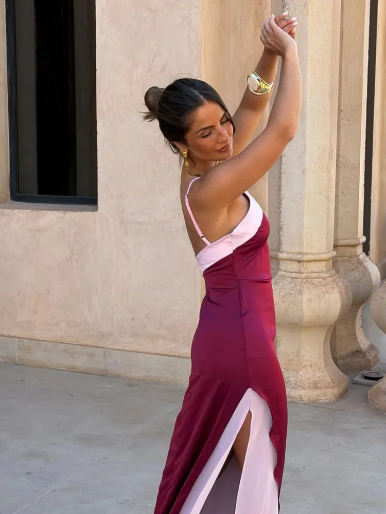 Sexy Color Blocking Halter Maxi ﻿Women Dresses Elegant Backless Off shoulder Sleeveless Slim Gown 2026 New Lady Party Vestidos