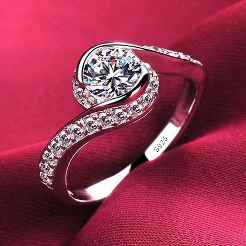 Anillo de plata de ley 100% 925 auténtica para mujer, anillos redondos de circonita con corazón y Flecha de 1 quilate, joyería de moda, regalo