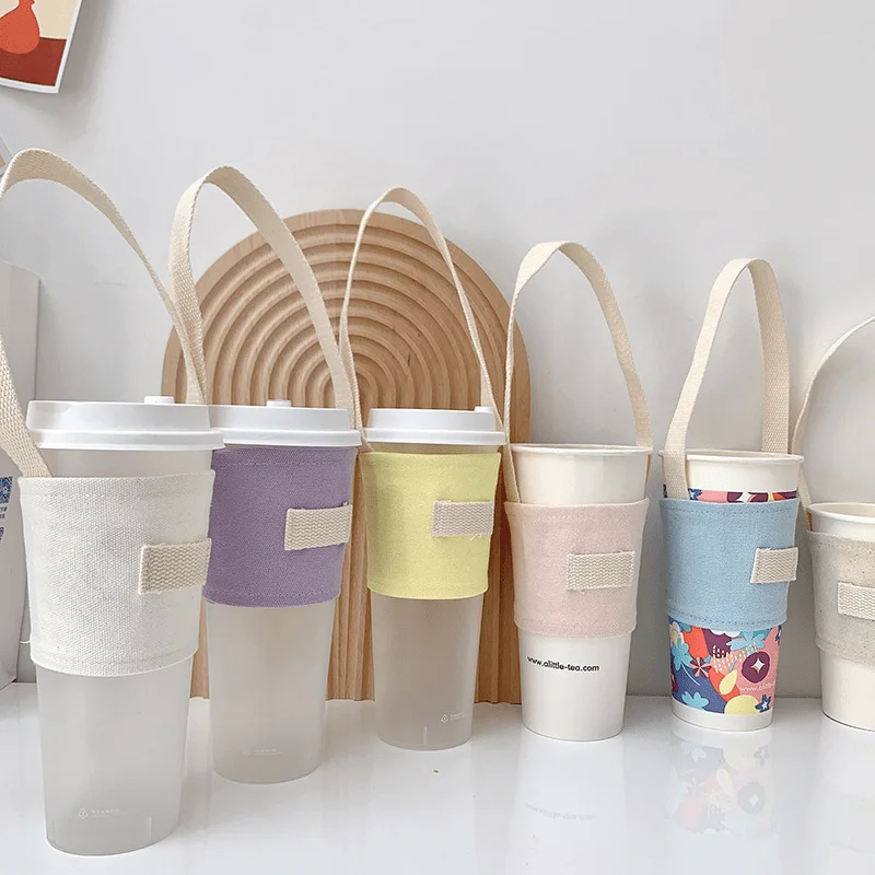 Milk Tea Cup Set Hand Carry Canvas Flat Cup Anti-hot Heat Insulation Thick Tote Bag Drink To Go Coffee Milk Tea Bag view 3