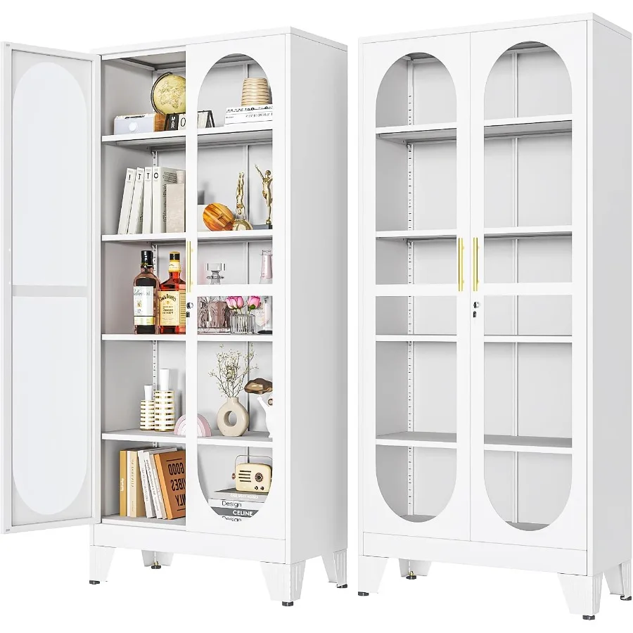 Living room liquor cabinet display case: white metal curio cabinet with glass door, 71 H, 4 adjustable shelves, locking feature