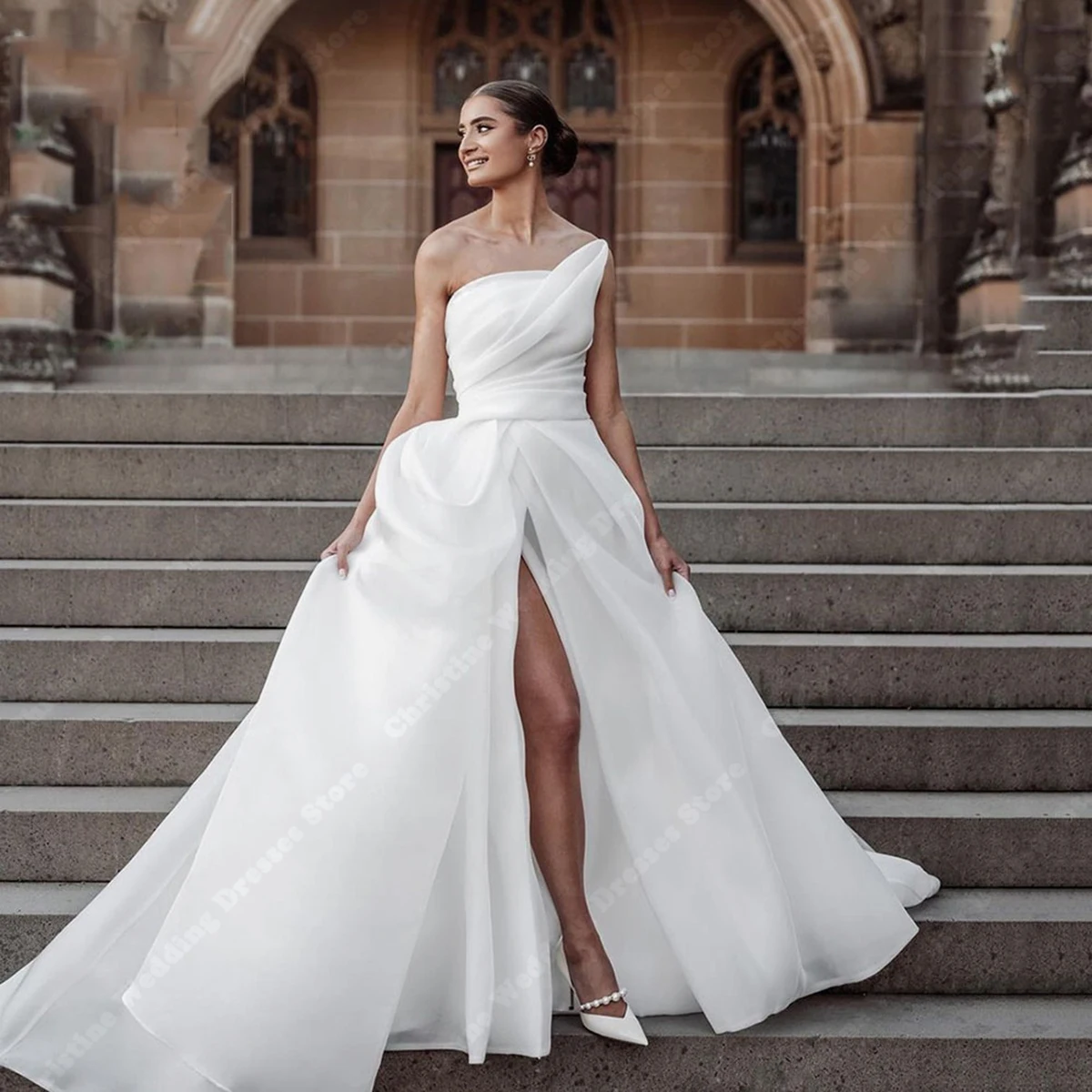 Vestido De Novia De satén blanco puro con manga abullonada, Vestidos De Novia De línea a con abertura lateral alta, estilos simples, vestido De tren De corte