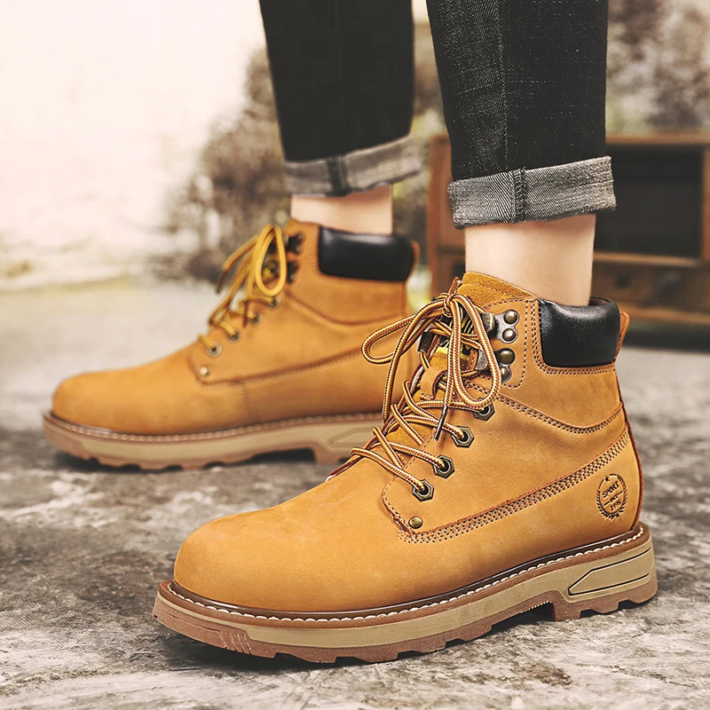 

Мужские кожаные ботинки большого размера, мужские высокие ботинки, мужские желтые рабочие ботинки, очень большого размера с дополнительной подкладкой из флиса.