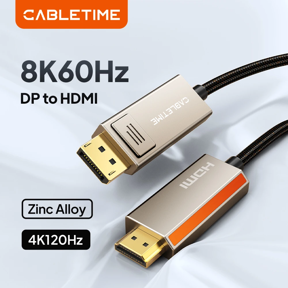 

Кабель CABLETIME 8K DP-HDMI, 8K при 60 Гц/4K при 144 Гц, адаптер Displayport-HDMI для ПК, iMac, настольных компьютеров, 8K мониторов, телевизоров, проекторов