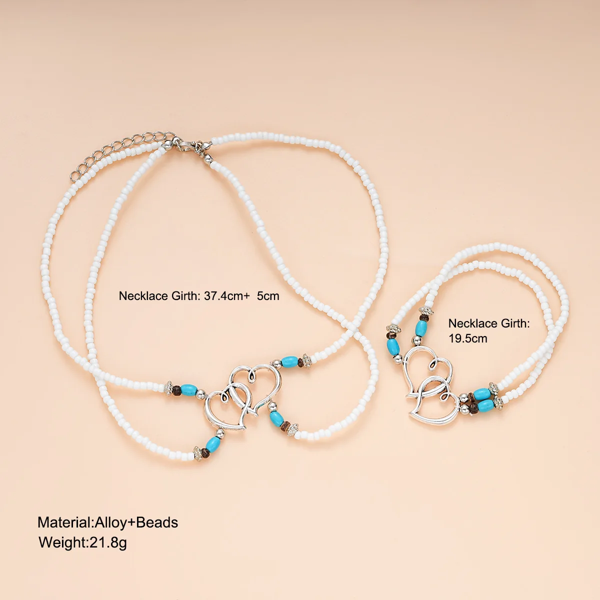 1 Set European and American Fashion Beach Vacation Storm, Simia Pearl Turquoise Interlocking Heart Bracelet Necklace Set