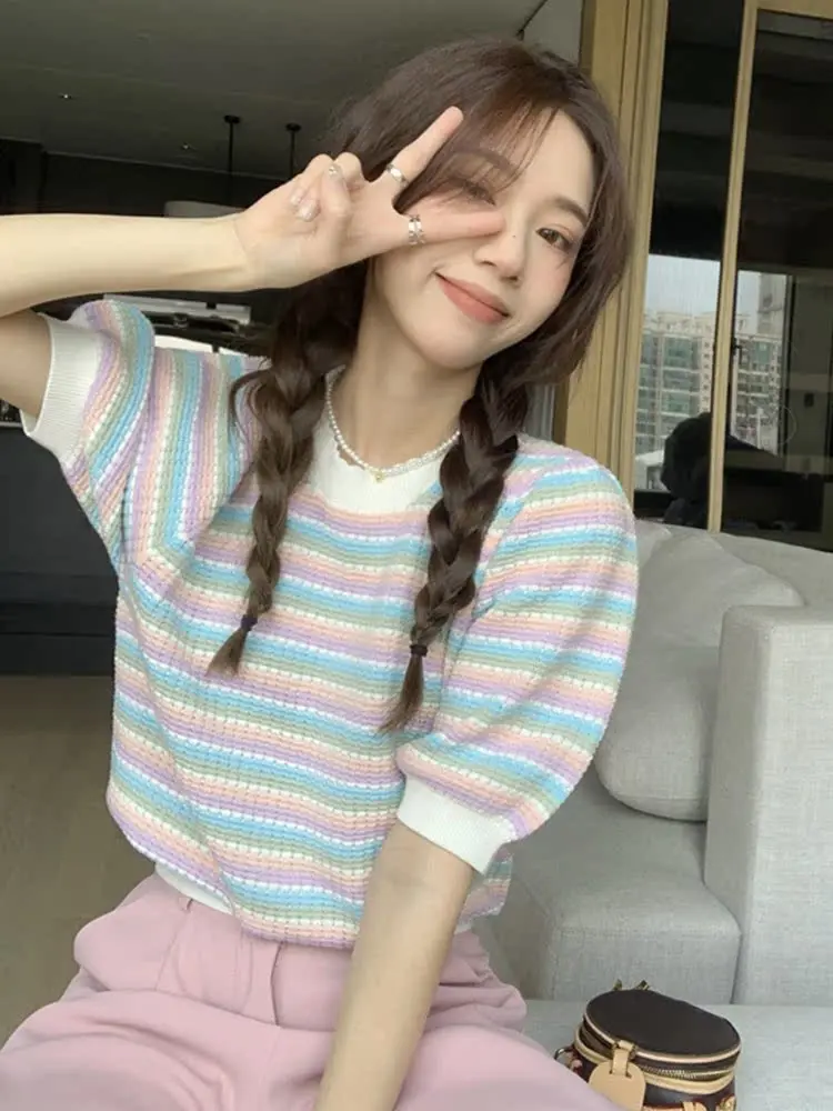 E Forever Summer Women's Retro Striped Short Sleeve round Neck Bubble Sleeve Base T-Shirt Top Korean Style Commute Fashion
