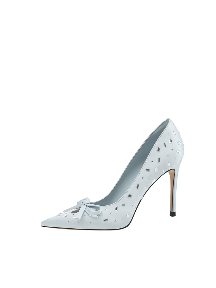 Spring new pointed shallow mouth silk rhinestone bow shoes banquet dress large size small size slim high-heeled women's shoes