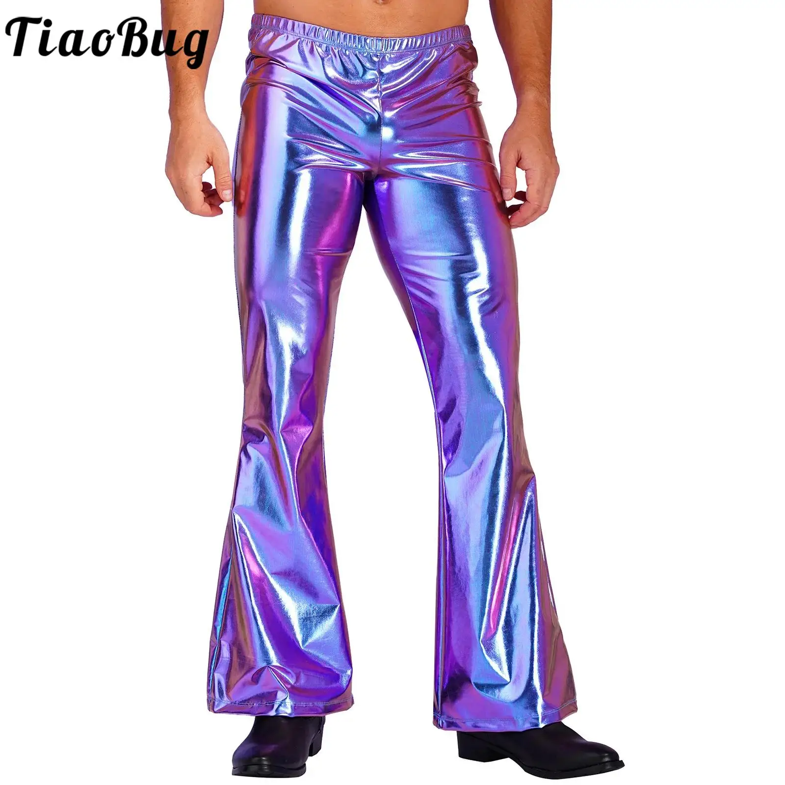 Mens Metallic Retro Disco Pants Costume Shiny PVC Leather 60s 70s Bell Bottom Flared Long Pants Trousers Dance Party Clubwear