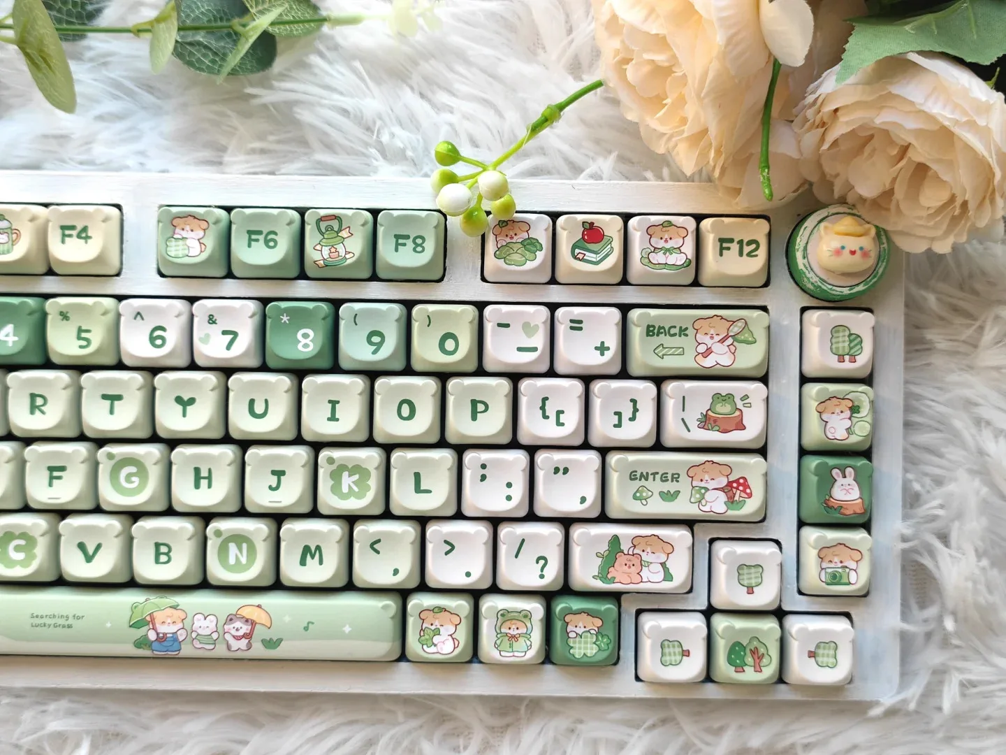 138Keys Cute Bear Head Keycap Green Spring Outing Puppy Theme EAO/Cherry Pbt Sublimation Machine Keyboard Diy Green Puppy Keycap