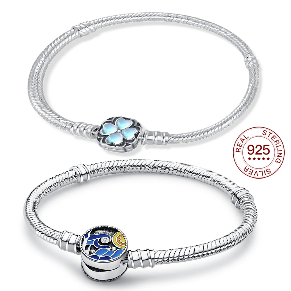 

925 Sterling Silver Four-leaf Clover Bracelet Starry Sky Bracelet For Women Suitable For Original Charm Beads Jewelry Love Gifts