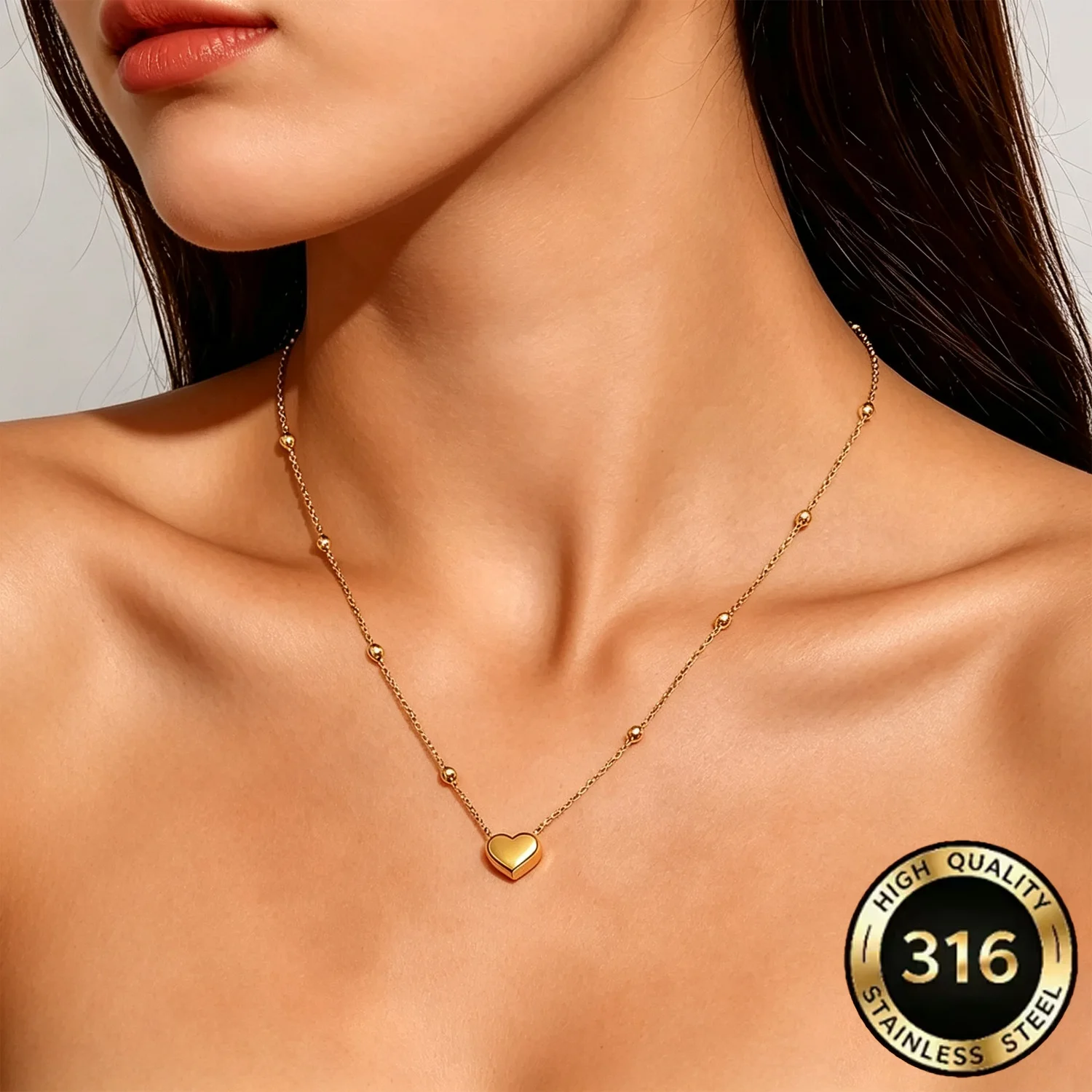 3D Heart-Shaped Stainless Steel Beaded Chain Necklace for Women Colorfast Fashionable Simple Jewelry for Daily Wear And Layering
