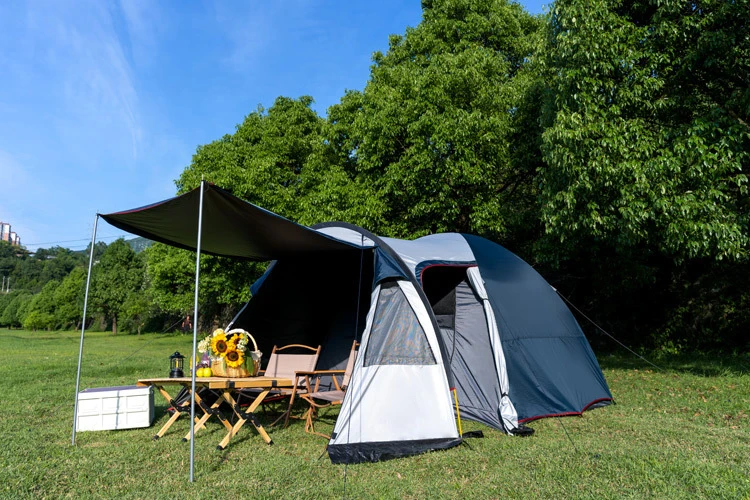 Outdoor Double-Layer Rainproof Sunshade Tent with One-Bedroom One-Living Room for Multi-Person Camping Enhanced Fiberglass Pole