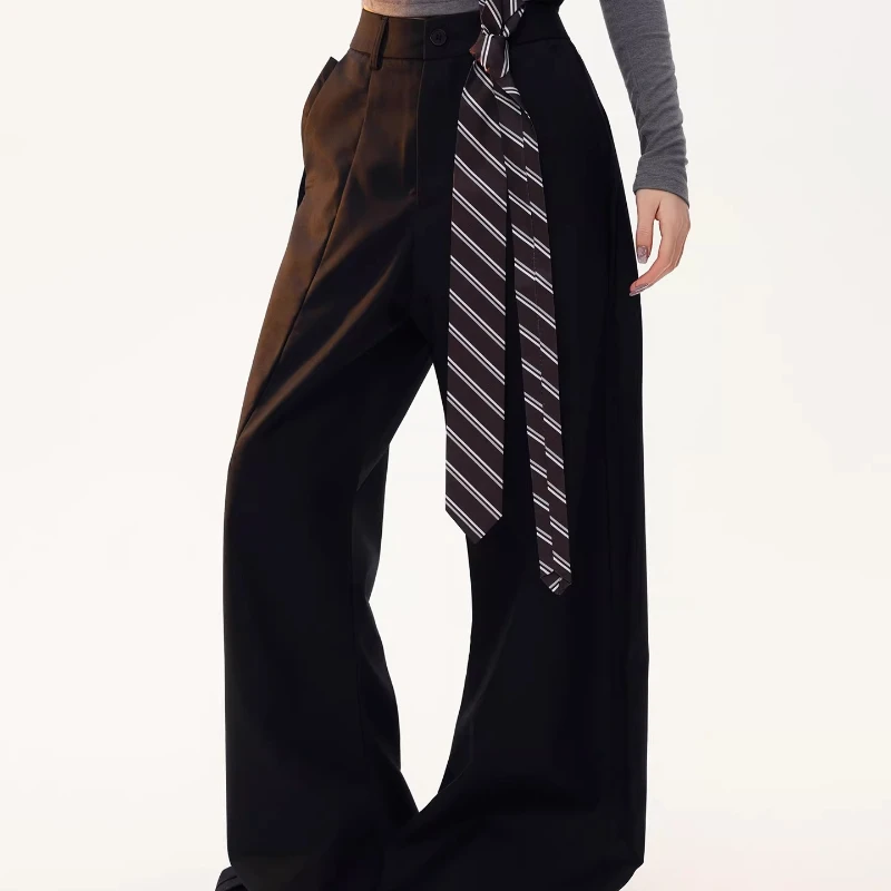 Vintage Striped Ribbon Cargo Women's Trousers 2026 Spring New Sweet Cool Straight-Leg Suit Wide-Leg Floor-Length Pants Ladies