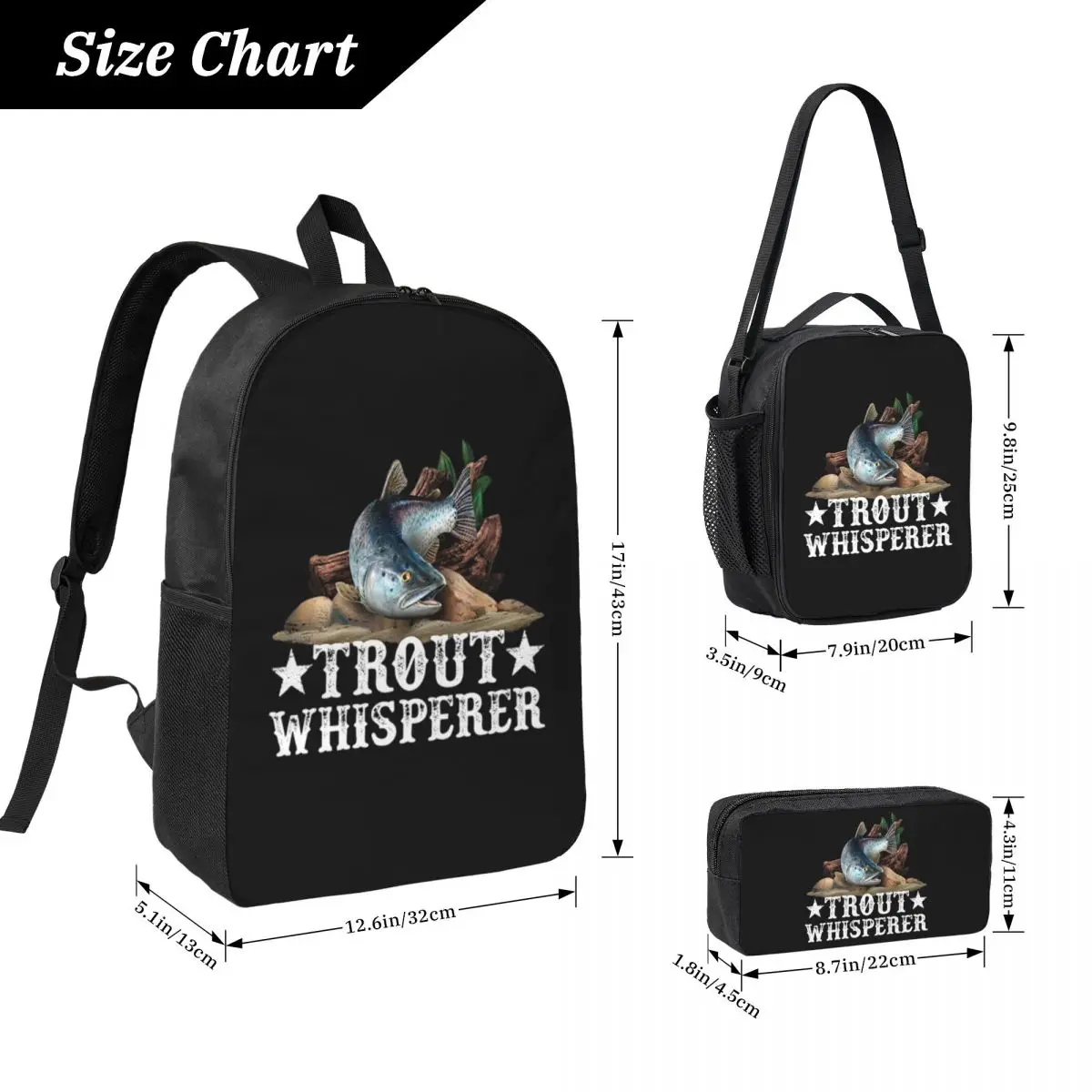 Trout Fish Illustration Fly Fishing Art Backpack BookBag School Bag Laptop Shoulder Bags 3ps Insulated Lunch Bag Pencil Case