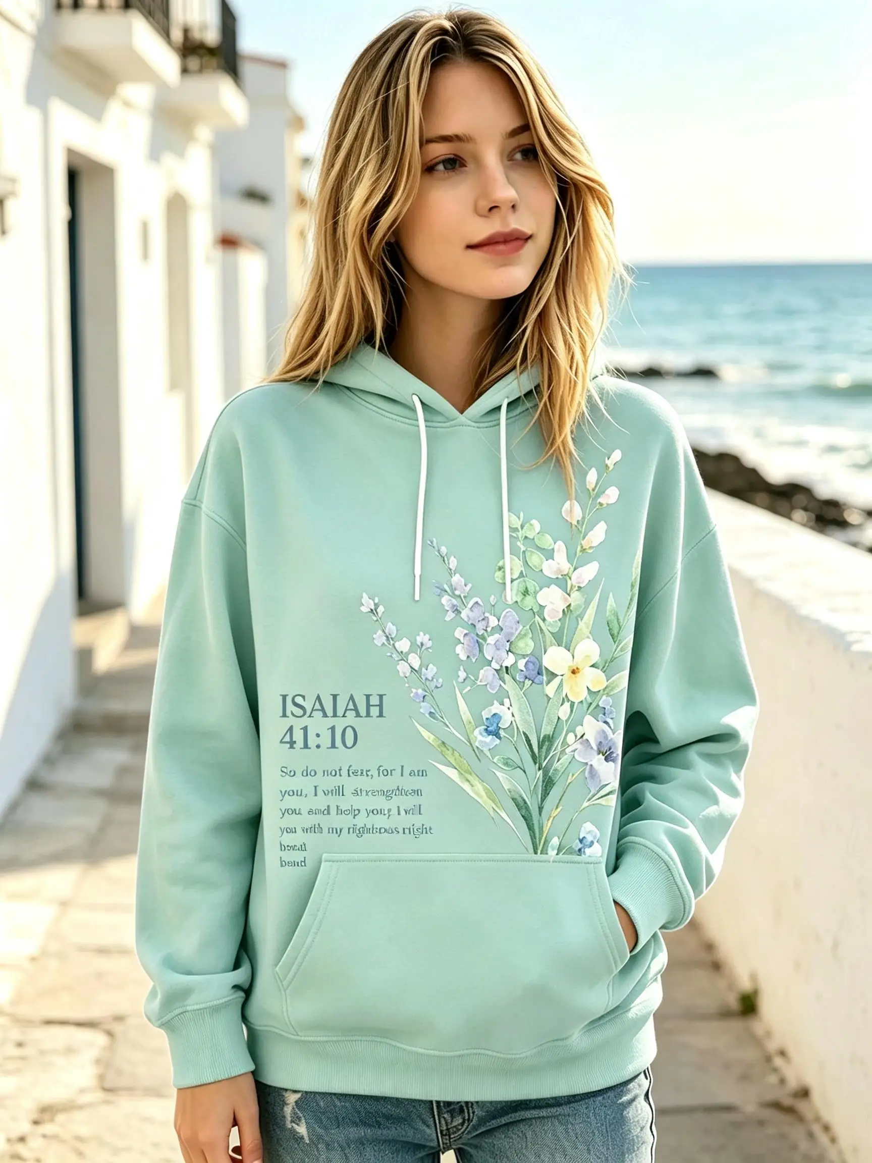 Women Fleece Hoodie Isaiah 41:10 Bible Verse Watercolor Wildflower Graphic Casual Oversized Hooded Sweatshirt