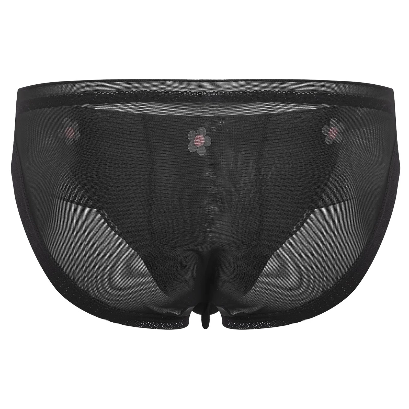 Mens Sissy Mesh Panties Ruffled Trim Flower Applique Bulge Pouch Sheer Briefs Japanese Sweetheart Style Underwear Lingerie