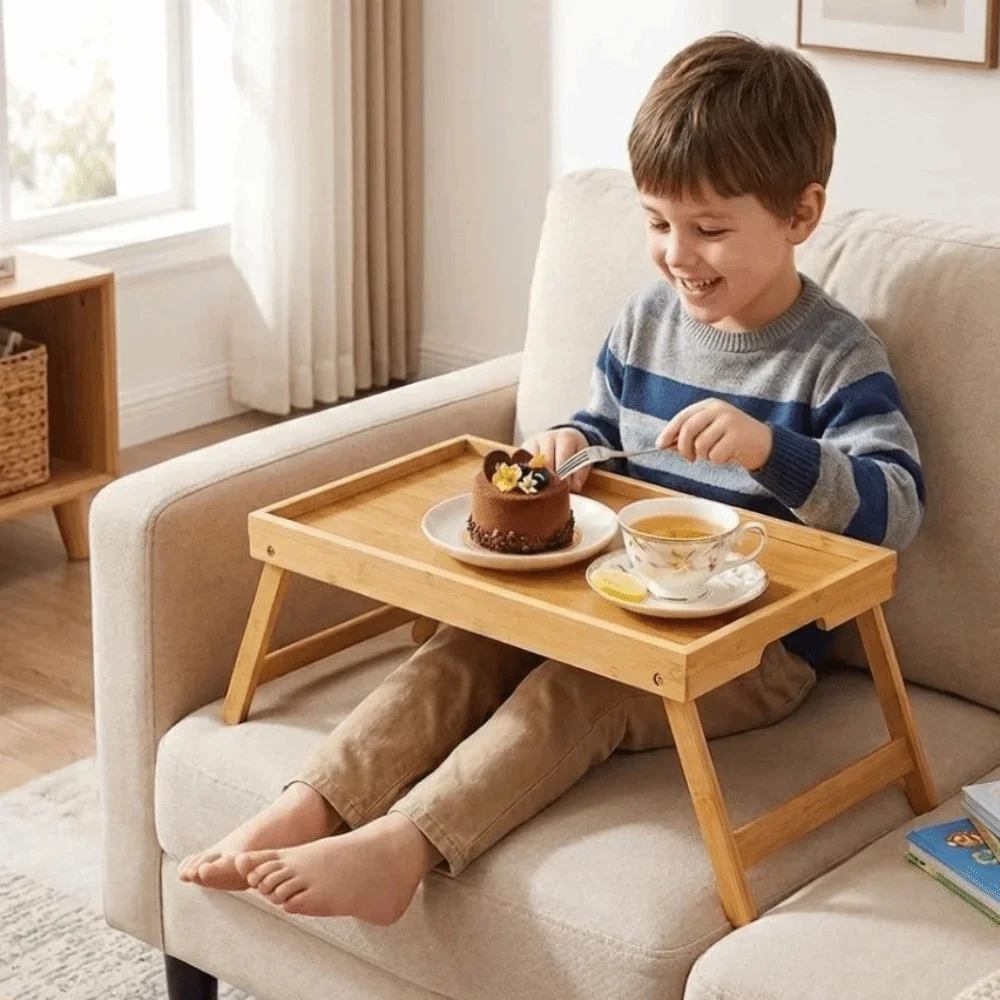 Natural Bamboo Folding Leg Breakfast Trays Rectangular Large Capacity Desk Snack Tray Concealed Handle Bed Laptop Tray Bedroom