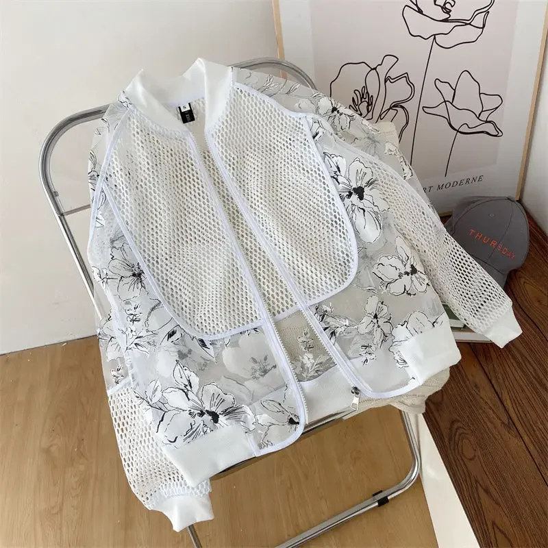 Sunscreen Skin Coats Sport Baseball Jersey Unisex Mesh Patchwork Flower Jacket Summer Men\'s White Hollowed Out Plus Size Outfit