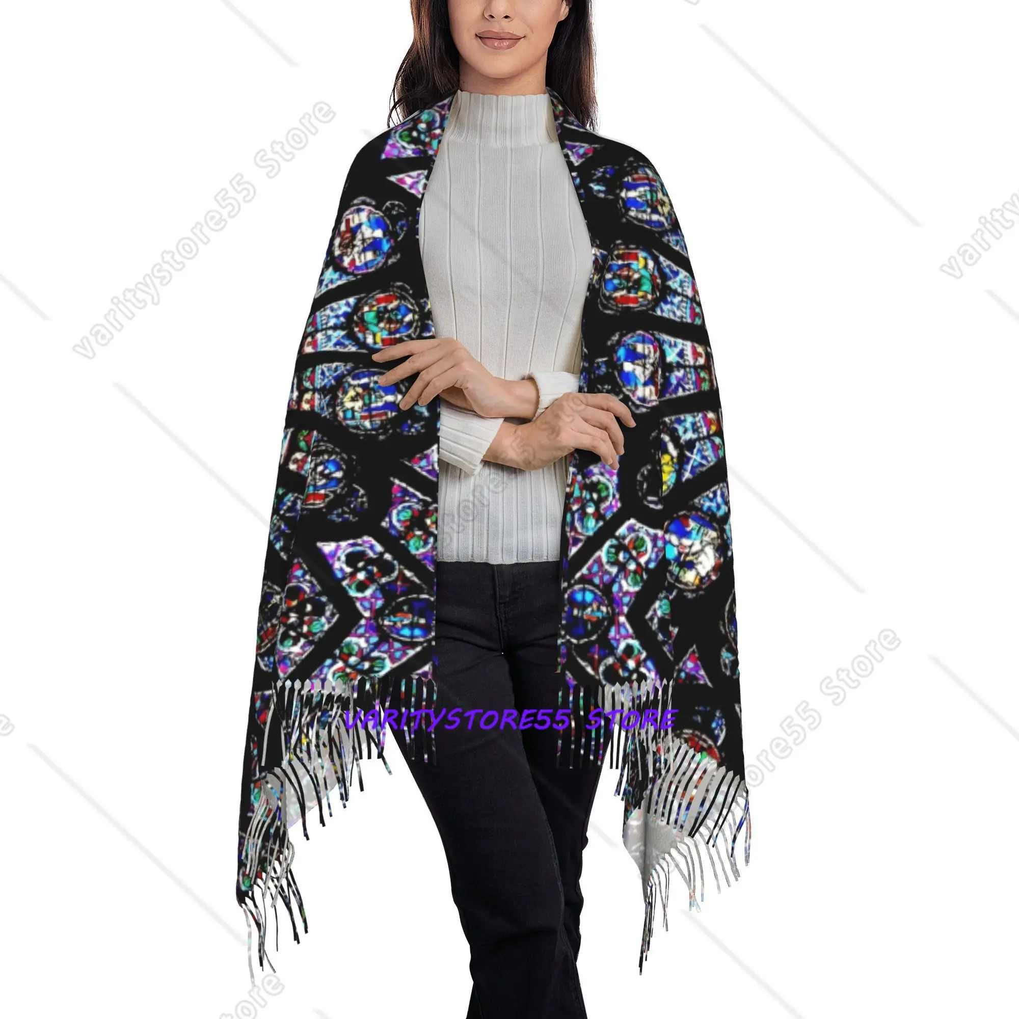 Gothic Cathedral Stained Glass Print Fashionable Tassel Scarf Suitable for Outdoor Hiking Running Cycling Travel Durable