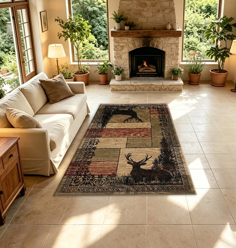 Country-Style Cabin Deer Flock Rug, Wooden Board Wildlife Pattern Retro Border Non-Slip Floor Rug, Suitable for Cabin Living Room Home Decor