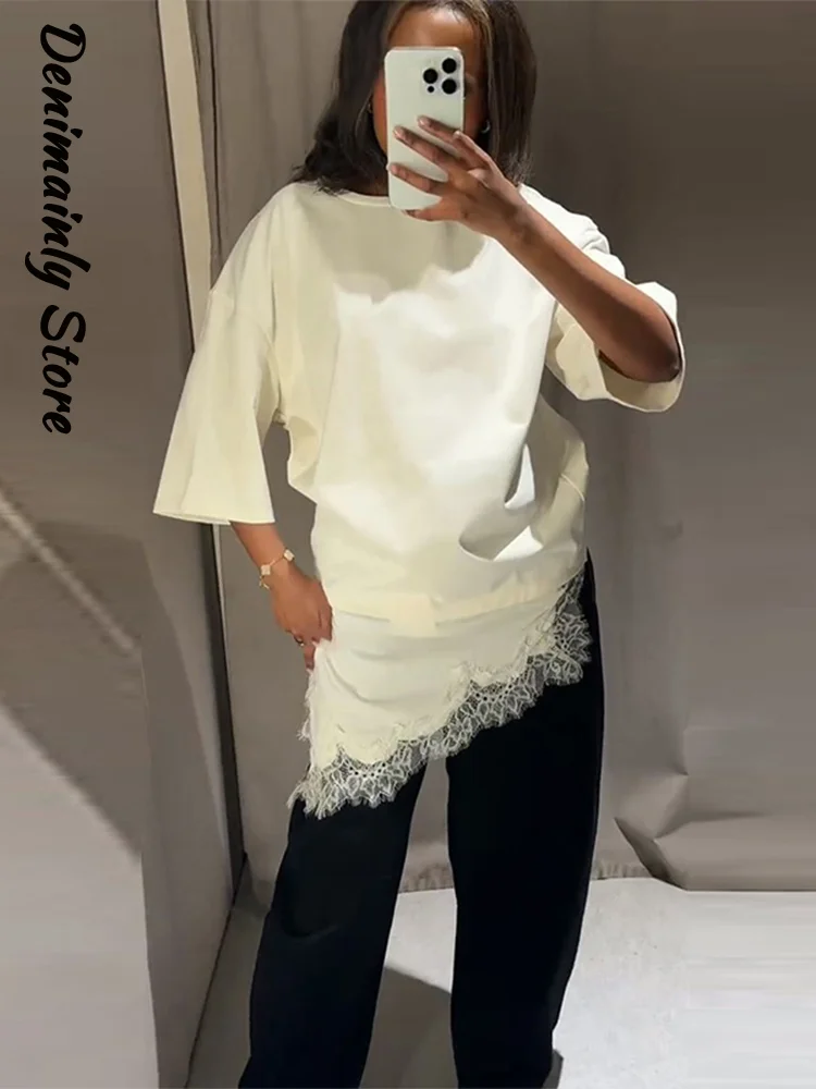 

Модная женская свободная блузка с кружевными вставками и круглым вырезом, с рукавом до локтя, однотонная, повседневная, весна-лето 2026, уличный стиль, универсальный топ