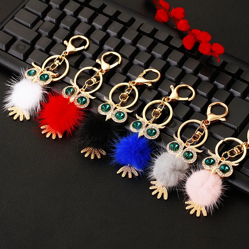 New Design Crystal Plush Owl Keychain Full Rhinestone Key Ring Key Holders For Women Bag Accessories Cute Animal Car Key Chain