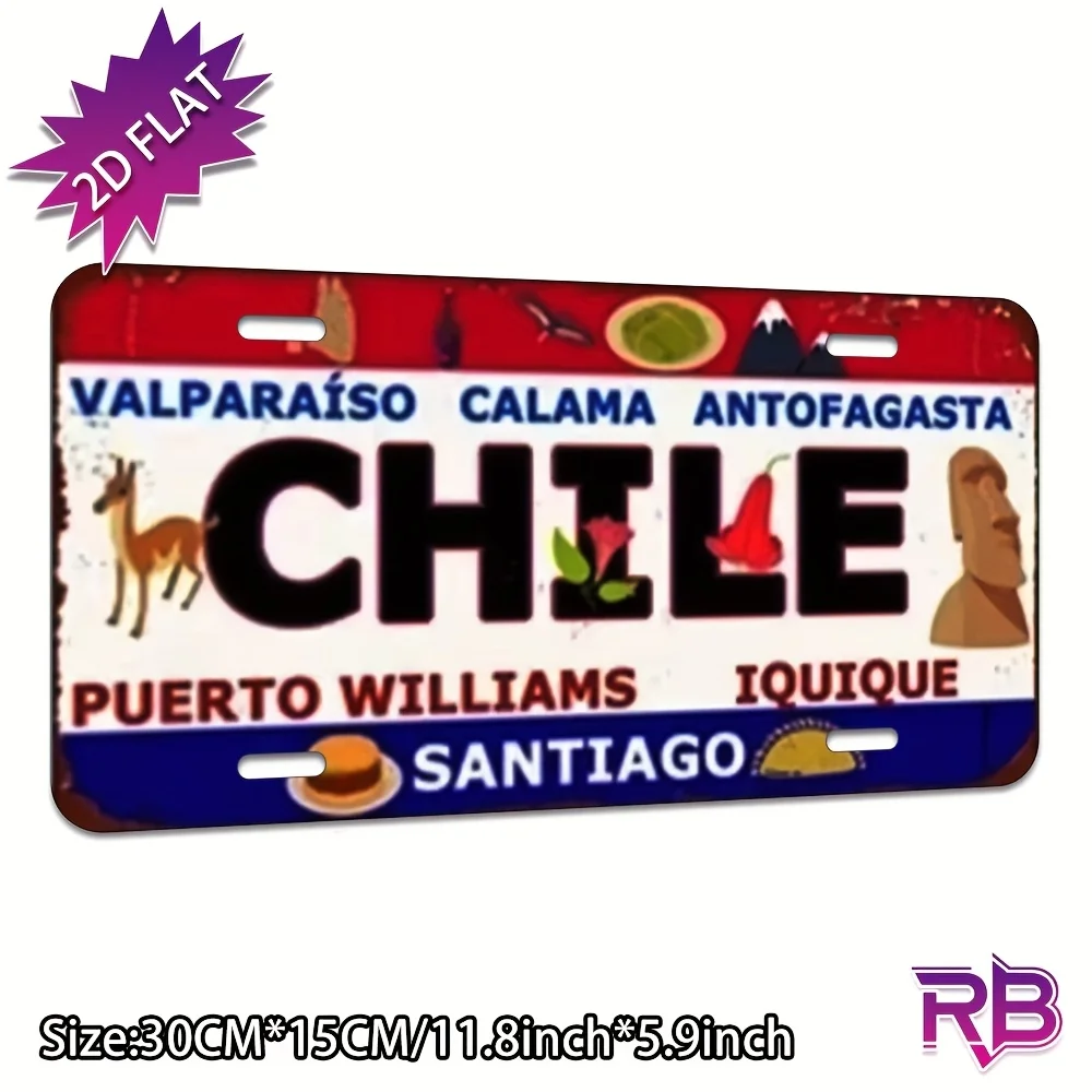 Chile Theme Aluminum Metal Wall Sign - UV Printed ch Vintage License Plate Design, Includes Valparaíso, Calama and Puerto Will