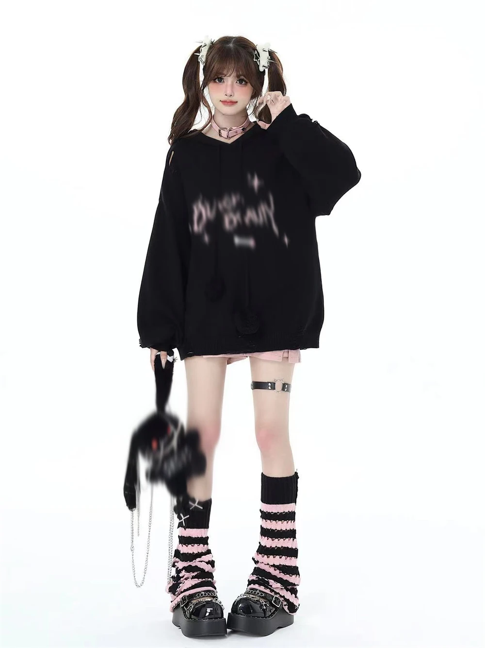 Autumn Winter Black Pink Striped Hollow Pile Socks Sweet Cool JK Leg Warmers Japanese Soft Girls Knitted Lolita Calf Foot Covers