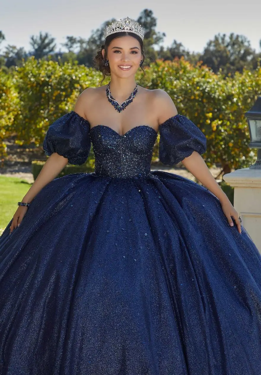 LorstudNavy-Robe de Quinceanera à manches bouffantes avec perles, robe de Rhchérie, robe éducative, robe Sweet 15 16, YQD127, 2024