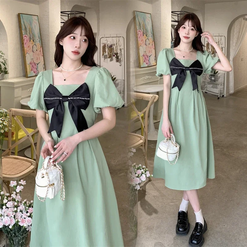 Green Maternity Summer Clothes Fashion Plus Size Pregnant Woman Long Dress Puff Sleeve Ruffle Patchwork Bowknot Pregnancy Dress