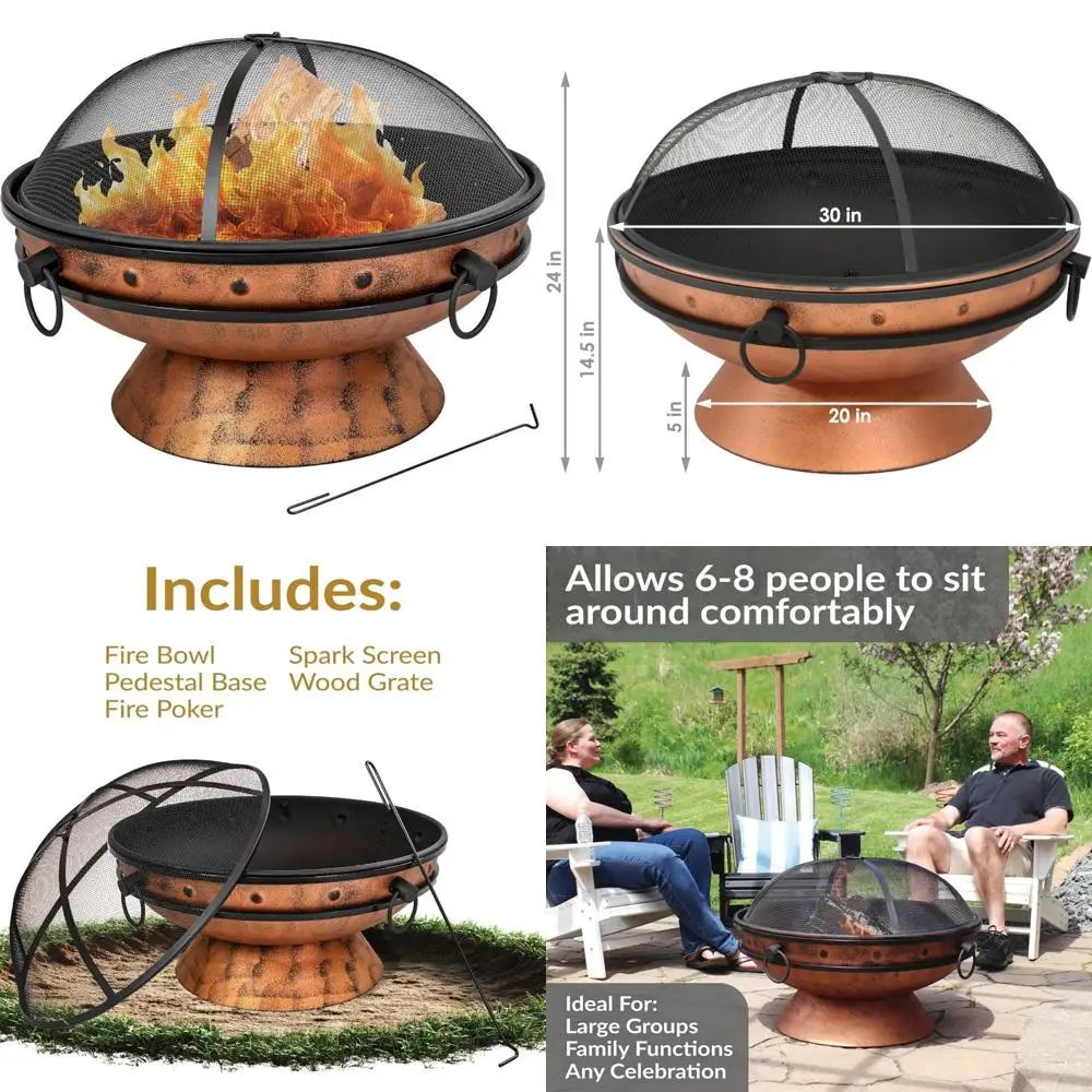 

30" copper-tone outdoor wood-burning fire pit with poker and screen