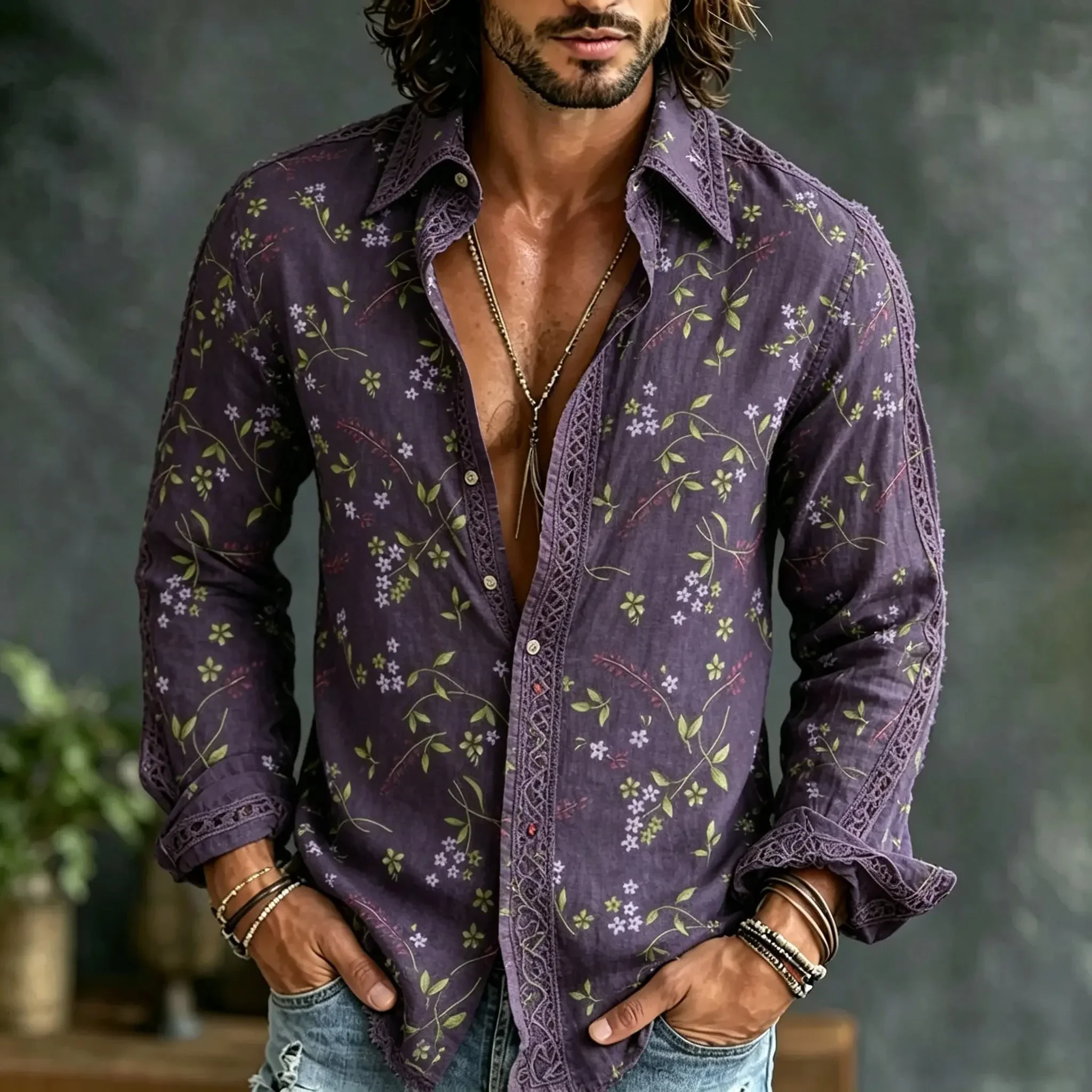 New Carbon Black Full Width Gold Flower Branch Vine Cuff Decoration Men's Retro Collar Long Sleeved Shirt Clothing