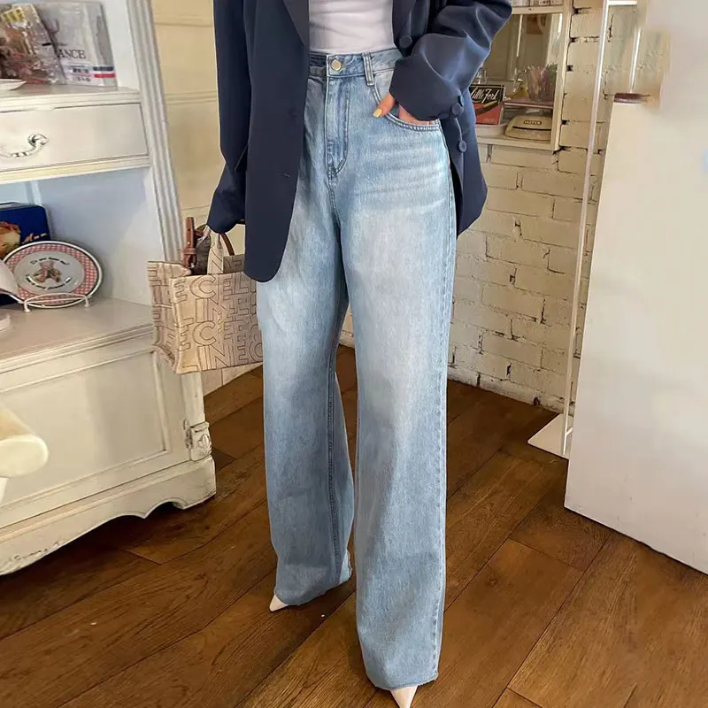 

Retro High Waist Wide Leg Denim Jeans Women's Spring Waed Heart Print Vintage Design Slimming Effect Long Pants