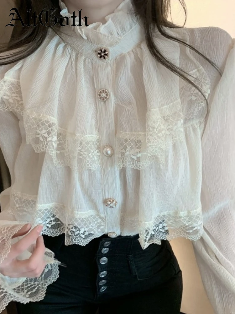 

AltGoth Fashion White Blouse Women Blusas Stand Neck Chiffon Shirts Long Sleeve Ruffles Lace Blouses Vintage Elegant Femme Tops