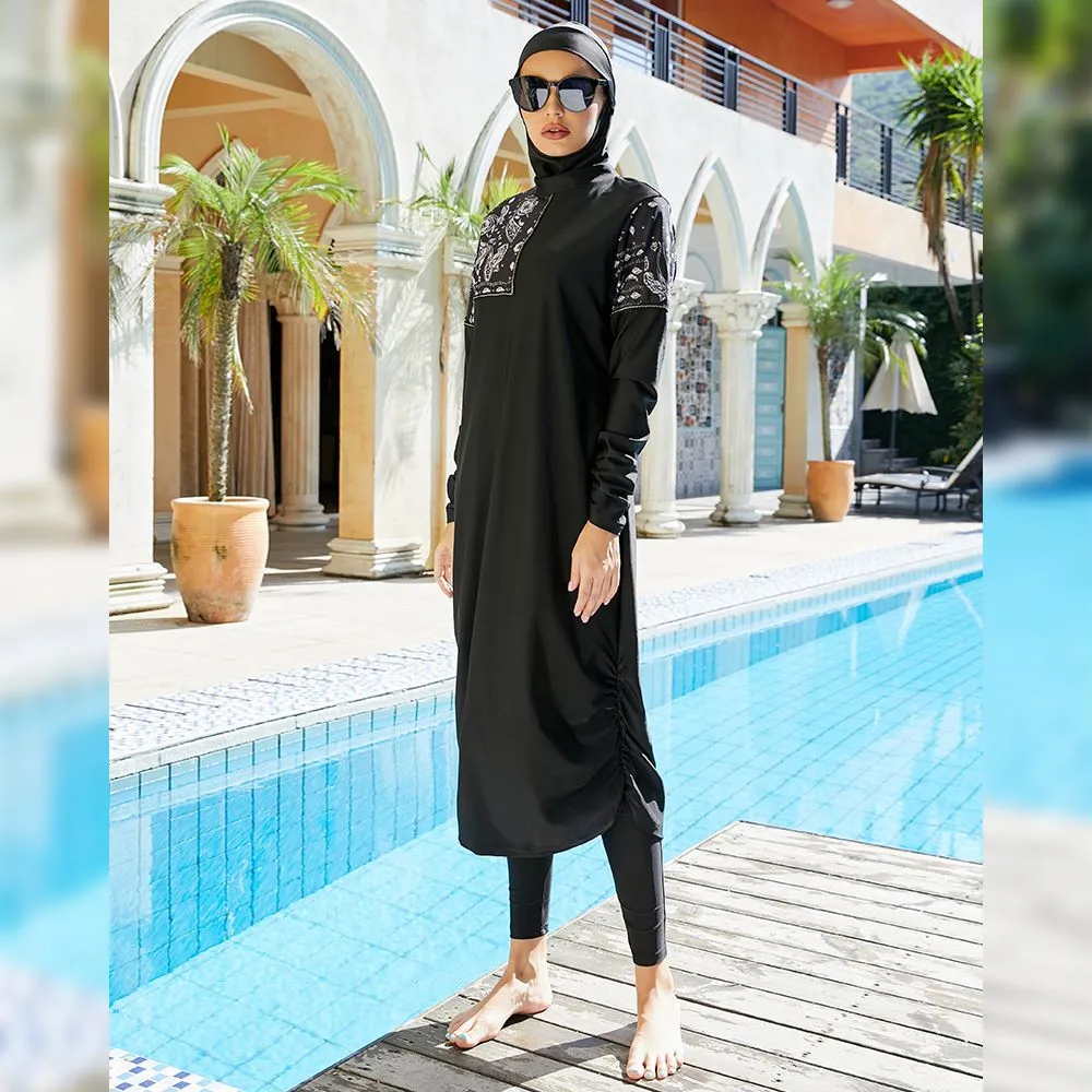 2024 Muslim Swimwear Women Modest Printed Patchwork Hijab Long Sleeves Sport Swimsuit 3pcs Islamic Burkinis Wear Bathing Suit