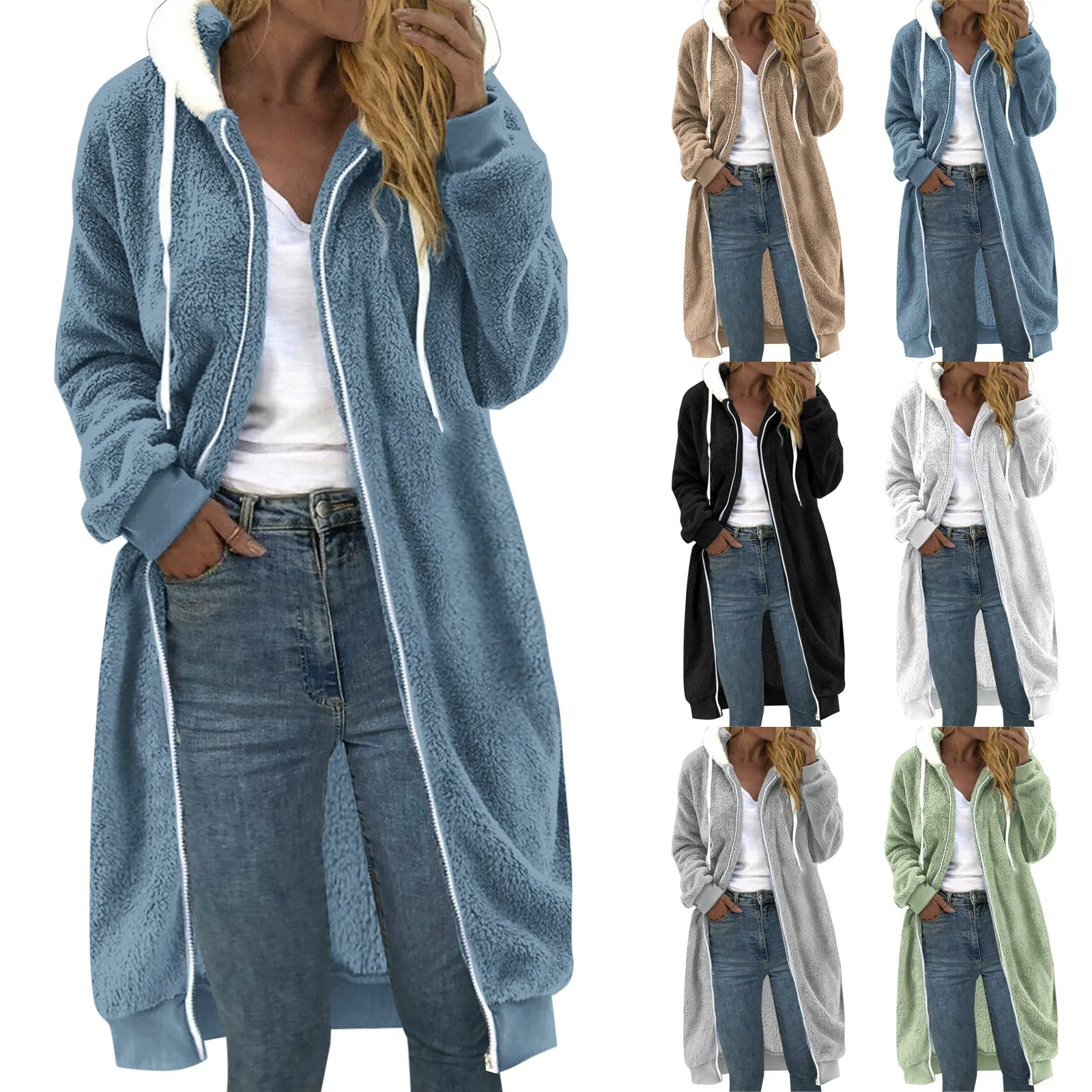 Women's Plus Size Long Hooded Jacket Casual Color Block Fleece Sweatshirt Zipper Hoodie Loose Warm Plush Coat Tops For Women