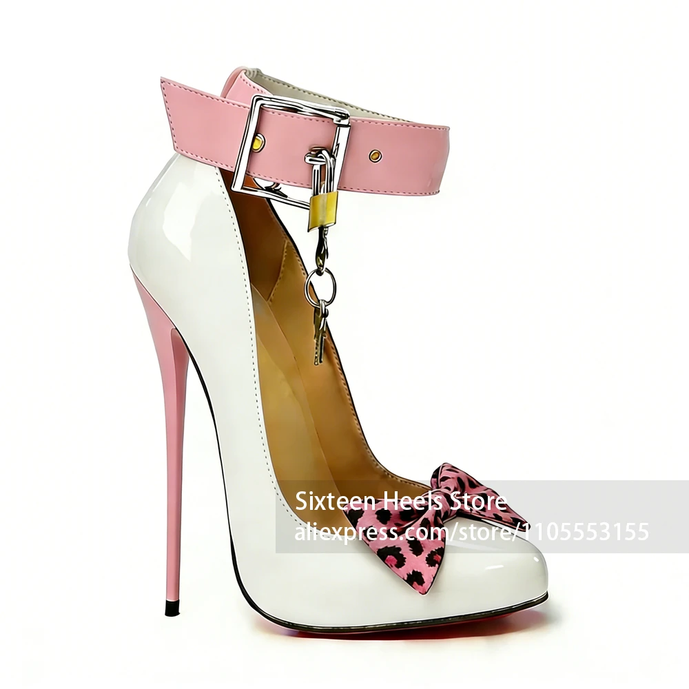

16cm Lacquered Heel Leopard Bow Pumps Pink Blue Metallic Lock High Heels Sweet Style Handmade Stilettos for Women Handmade Shoes