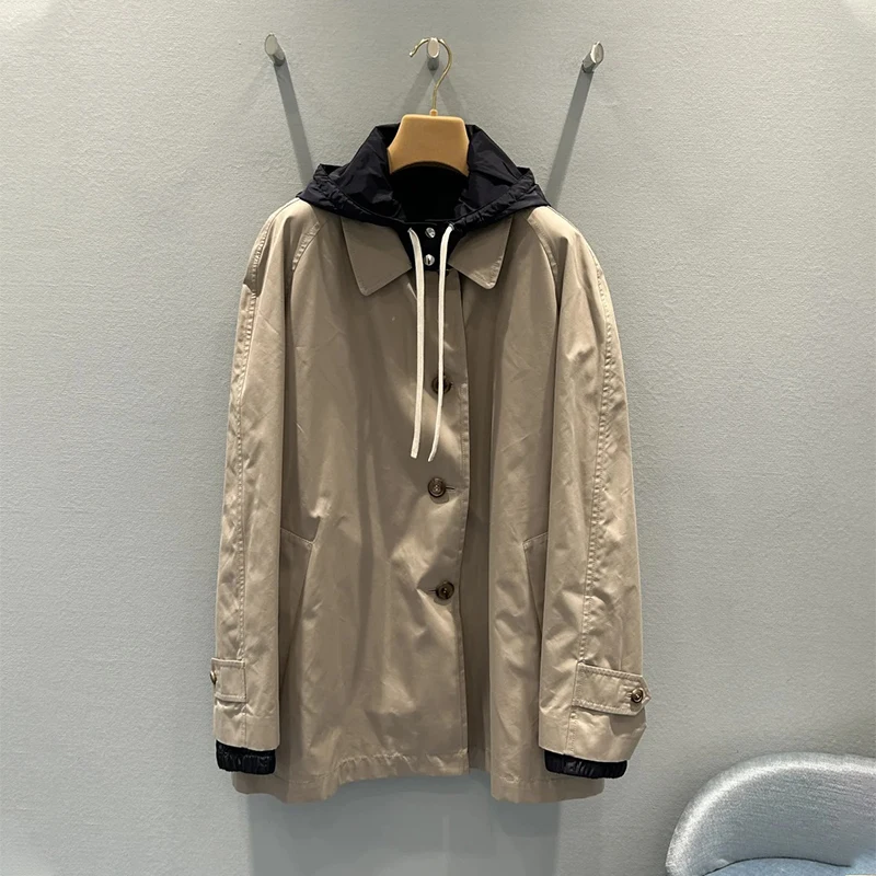 High-End Women's Jacket Two-Sided Wear Loose Hooded Medium-Length Girl Style Commute Style Outerwear Long Sleeve Button Closure